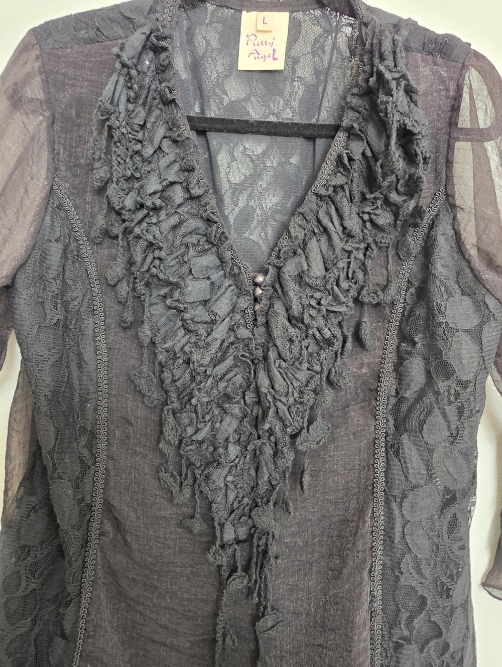 Pretty Angel Y2K Boho Grunge Fairycore Renaissance Ruffled Lace Silk Blouse Sz L - Picture 7 of 9